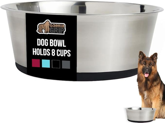 GORILLA GRIP Dog Bowl, Holds 8 Cups (64 fl oz), Food Grade 304 Stainless Steel Food and Water Bowl for Feeding Dogs and Cats, BPA Free Rubber Base, Easy Clean, Dishwasher Safe, Rust Resistant, Black