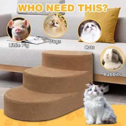 Dog Stairs 3 Steps Foam Pet Ramp for Small Dogs Cats, Khaki - Image 5
