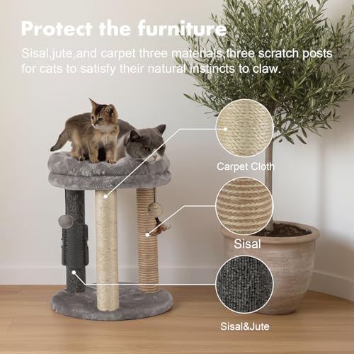 MECOOL 4in1 Small Cat Tree,Scratching Post with Tower Soft Bed, Sisal Carpet Jute Posts with Three Hanging Ball Toys and Massage Brush for Indoor Cats and Kittens - Image 3