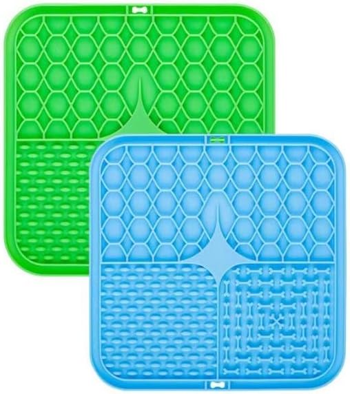2 Pack Anti-Slip Licking Mat, Pet Food Mat Waterproof Puppy Feeding Mat, Slow Feeder Dog/Cat Bowl, Cat Licking Mat to Relieve Anxiety with Raised Edges (Blue+Green)（6"×6"）