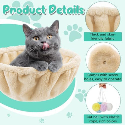 Dansydaisy 3 Pack 14.6" Large Cat Tree Hammock Basket Bed Lounger Tower Replacement Parts with 6 Pcs Hanging Elastic Strings Pom Pom Toys, Cat Tree Accessories Hammock Attachment (Beige) - Image 3