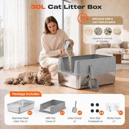 Suitfeel XL Stainless Steel Cat Litter Box with Lid and Scoop,Light Gray - Image 6