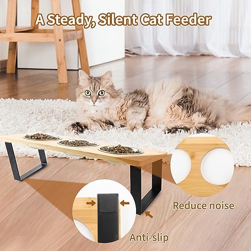 Elevated Cat Bowls, Raised Cat Food Bowls, 15°Tilted Stainless Steel Cat Bowls for Indoor Cats, Anti Vomit, Bamboo, Stand with 3 Feeder Bowls for Cats and Puppy - Image 4