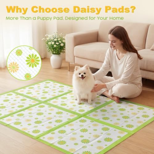 MIZOK Puppy Pads with Adhesive Tabs Green Daisy Prints Small 22x22in 100Ct - Image 3
