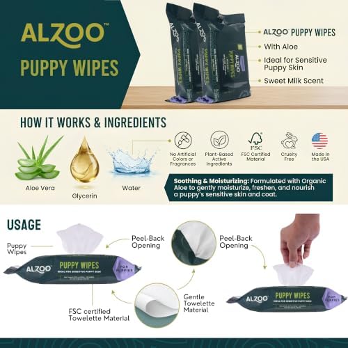 ALZOO Puppy Wipes for Sensitive Skin, Grooming Wipes with Organic Aloe Vera, Daily Cleaning for Paws, Coat, Face & Body, Sweet Milk Scent, 100 Count, Made in USA - Image 4