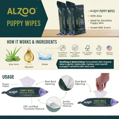 ALZOO Puppy Wipes for Sensitive Skin, Grooming Wipes with Organic Aloe Vera, Daily Cleaning for Paws, Coat, Face & Body, Sweet Milk Scent, 100 Count, Made in USA - Image 4