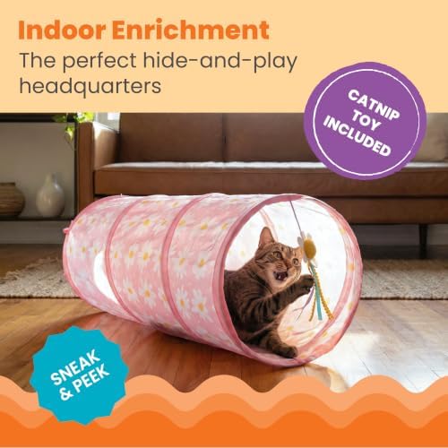 Catstages Tunnel Toy for Indoor Cats, Collapsible Hide & Play Tube with Plush Catnip Toy, Pink Daisy, 28” - Image 4