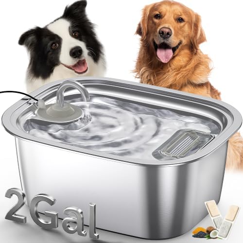 2.06 Gallon Stainless Steel Dog Water Fountain for Large Dogs, 7.8L Automatic Dog Water Bowl with Top-Fill Water Level Window, Quiet Pump and 2 Filters by PETDOTT