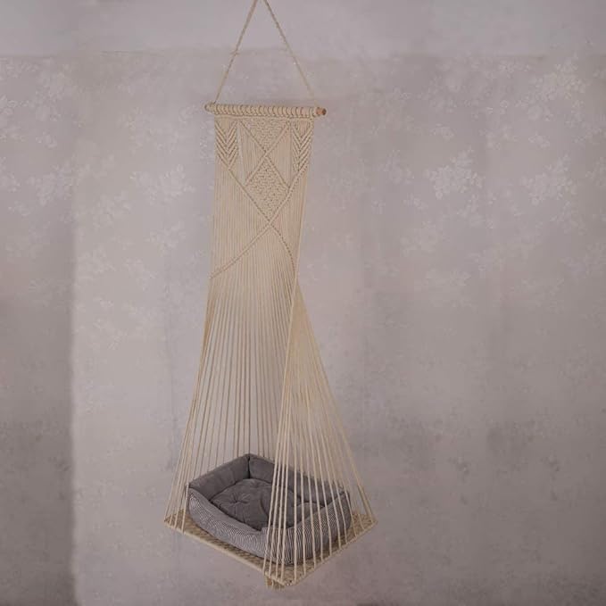 Macrame Hanging Cat Hammock Bed Cat Swing House Space Saving Window Perch with Washed Cotton Cats Toy Tassel Basket Tapestry (Beige, Swing Bed+Cushion)