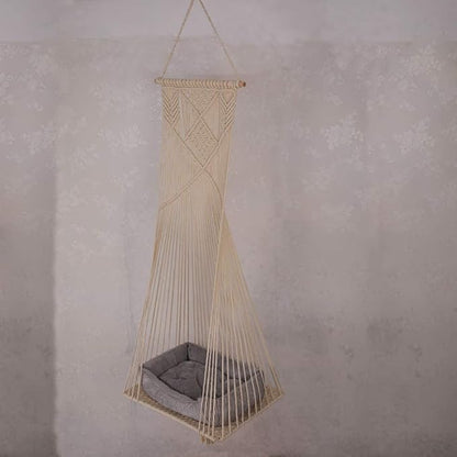 Macrame Hanging Cat Hammock Bed Cat Swing House Space Saving Window Perch with Washed Cotton Cats Toy Tassel Basket Tapestry (Beige, Swing Bed+Cushion)