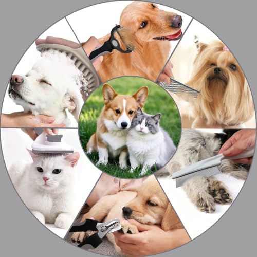 7PCS Dog Grooming Brush Kit for Shedding and Matted Fur, Self-Cleaning Slicker Brush with Undercoat Rake, Flea Comb for Long-Haired Pets, Grey - Image 7