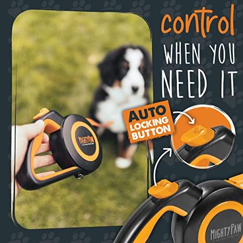 Mighty Paw Retractable Dog Leash 2.0 | 16' Heavy Duty Reflective Nylon Tape Lead for Pets up to 0-50 lbs. Tangle Free Design W/One Touch Quick-Lock Braking System & Anti-Slip Handle (Orange/Lite) - Image 2