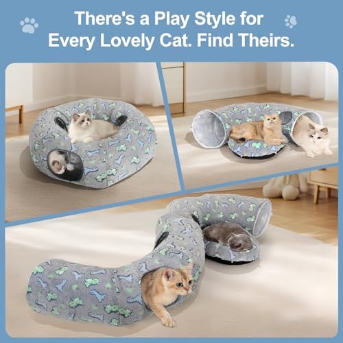 Cat Tunnel Bed, Foldable Cat Donut Tunnel with Removable Cushion & Toy Ball, Stress Relief Fun, Round Pet Play Tunnel for Indoor Cats, Kittens and Small Pets (3D Dinosaur Pattern) - Image 3