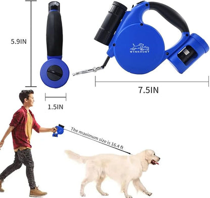 360° Tangle-Free Retractable Dog Leash with Flashlight, Dispenser and Poop Bag Heavy-Duty Nylon Tape for Small, Medium Dogs and Cats One-Handed Brake and Lock, Blue