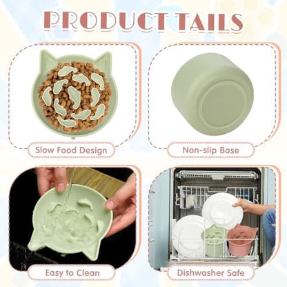 Funnymoom 2 Pack Silicone Cat Slow Feeder, Elevated Slow Feeder Cat Bowl for Dry and Wet Food, Tilted Design with Non Slip Base, Adjustable Angle for Pet(Green and Brown) - Image 5
