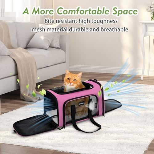 Soundy Large Cat Carrier Dog Carrier Under 25 Lbs,Collapsible Ventilated Portable Pet Bag with Soft Sided Breathable Mesh for Long Car Trips Maxi Load 2 Kittens or Small, Medium Dog (Large Pink) - Image 6