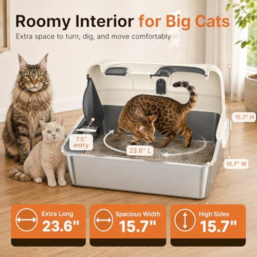 OROLEY XXXL Stainless Steel Cat Litter Box with Lid, Extra Large Enclosed Metal Litter Box for Big Cats, High Sides Prevent Leaks & Odors, Non-Stick Easy Clean, Includes Scoop & Step - Image 2