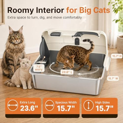 OROLEY XXXL Stainless Steel Cat Litter Box with Lid, Extra Large Enclosed Metal Litter Box for Big Cats, High Sides Prevent Leaks & Odors, Non-Stick Easy Clean, Includes Scoop & Step - Image 2