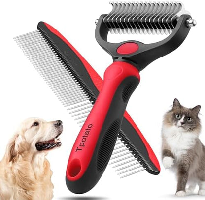 Tpotato Deshedding Dog Brush for Long Haired Dogs Cats,Undercoat Shedding Rake for Dematting Detangling Tangles Matted Fur and Knots,Metal Pet Comb,Professional Pet Grooming Supplies Tool Kit,Red by Tpotato