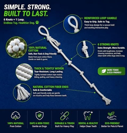 51" Extra Long Dog Rope Tug Toy with Loop Handle – 6-Knot Cotton Rope for Training, Tug-of-War & Interactive Play, Durable for Medium & Large Dogs, Indoor & Outdoor, Washable, White - Image 3