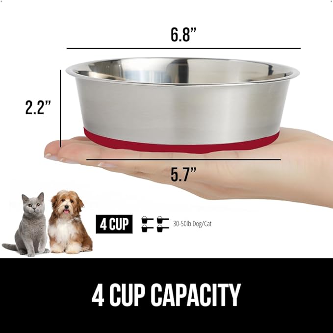 GORILLA GRIP Dog Bowl, Holds 4 Cups (32 fl oz), Food Grade 304 Stainless Steel Food and Water Bowl for Feeding Dogs and Cats, BPA Free Rubber Base, Easy Clean, Dishwasher Safe, Rust Resistant, Red