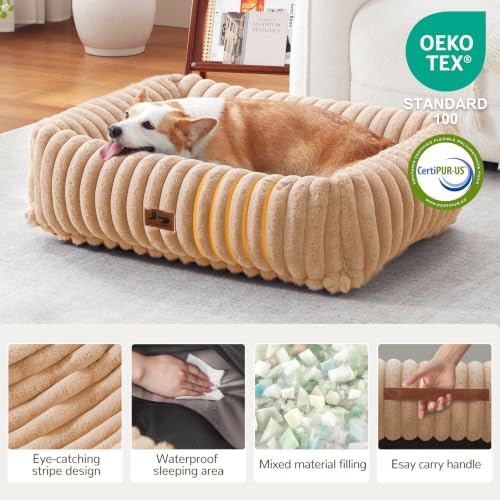 Dog Bed Medium Size Dog, Rectangle Orthopedic Pet Bed for Car and Indoor, Comfort Fluffy Memory Foam Dog Beds with Anti-Slip Bottom, Camel (30x24x8 inches) - Image 2