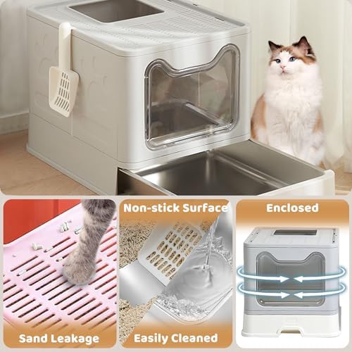 Enclosed Cat Litter Box with Lid Top Exit Covered Metal Stainless Steel Litter Box Leak Proof & Odorless Easy to Clean Including Cat Litter Scoop and Litter Mat - Image 4