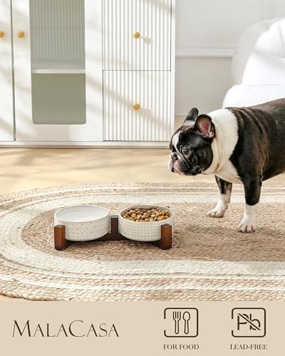 MALACASA Dog Bowl Set, Ceramic Bowls with Walnut Wood Stand, 2 Cups - Image 3