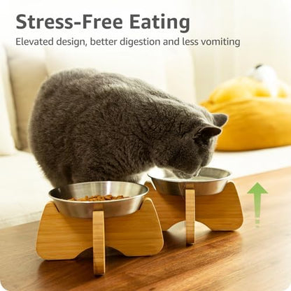 Raised Stainless Steel Cat Bowl with Bamboo Stand (2 Pcak) - Image 2