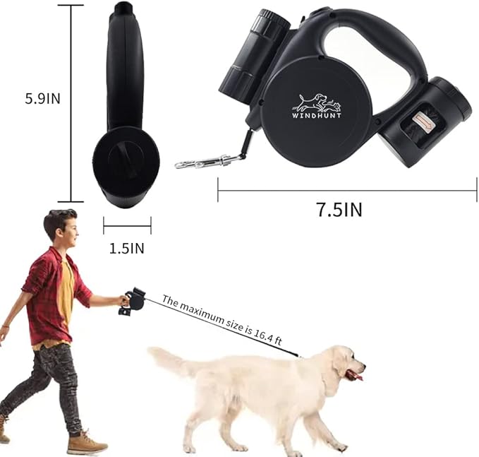 360° Tangle-Free Retractable Dog Leash with Flashlight, Dispenser and Poop Bag Heavy-Duty Nylon Tape for Small, Medium Dogs and Cats One-Handed Brake and Lock, Black