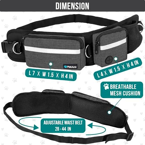 PetAmi Hands Free Dog Leash, Dog Running Leash Belt Bag for Walking, Jogging, Dog Waist Double Zipper Pouch with Poop Bag Dispenser, Dual Padded Handles Reflective Bungee Leash, Double (Charcoal Grey) - Image 2