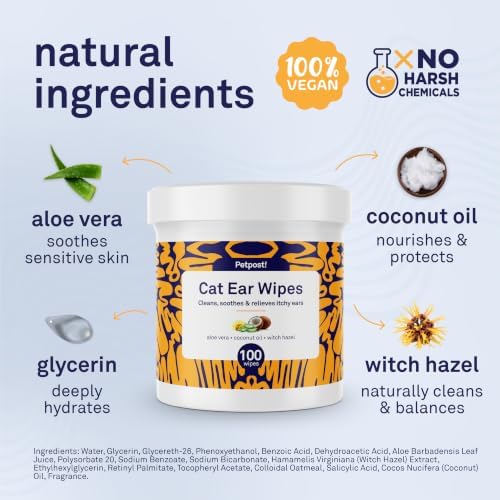 Petpost | Cat Ear Cleaner Wipes - Ultra Soft Cotton Pads in Coconut Oil Solution - Treatment for Removing Cat Ear Dirt & Wax 100 ct. - Image 3