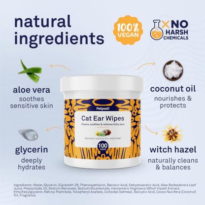 Petpost | Cat Ear Cleaner Wipes - Ultra Soft Cotton Pads in Coconut Oil Solution - Treatment for Removing Cat Ear Dirt & Wax 100 ct. - Image 3