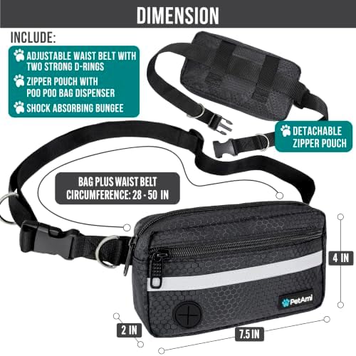 PetAmi Hands Free Dog Leash Waist Belt Bag Fanny Pack, Single, Black - Image 2