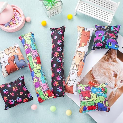 Hungdao 8 Pieces Catnip Kicker Toys Cat Kick Sticks Interactive Pillow Toys for Indoor Kitten Pet Chew Supplies, 2 Shapes and 4 Designs - Image 4