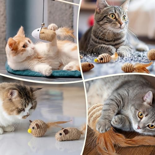 Leitee 20 Pcs Interactive Cat Toys for for Indoor Cats Set, Wooden Cat Wand Toywith Bells Feather Handle Chew Rope Mouse Sisal Balls Kitty Toys for Play Chase Exercise (Brown) - Image 6