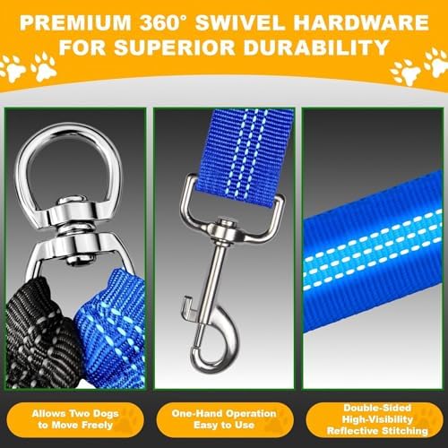 Double Dog Leash for Two Dogs, Professional No Tangle 360° Swivel Coupler with Shock Absorbing Bungee, Adjustable Length Dual-Sided Reflective Two Dogs Lead Splitter for Small Medium Large Dog - Image 3