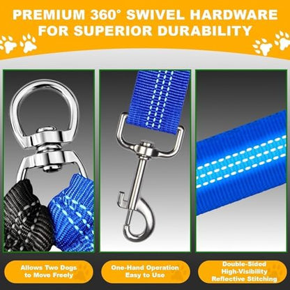 Double Dog Leash for Two Dogs, Professional No Tangle 360° Swivel Coupler with Shock Absorbing Bungee, Adjustable Length Dual-Sided Reflective Two Dogs Lead Splitter for Small Medium Large Dog - Image 3