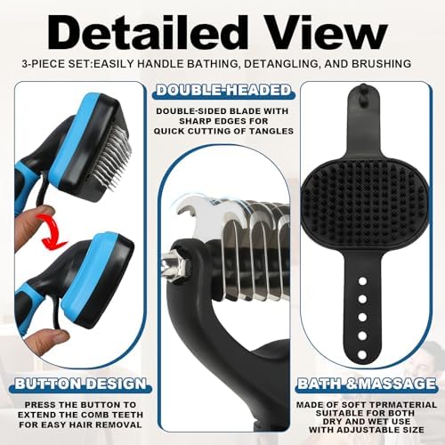 Blue Pet Grooming Kit 3Pcs Dematting Comb for Dogs&Cats Shedding - Image 3