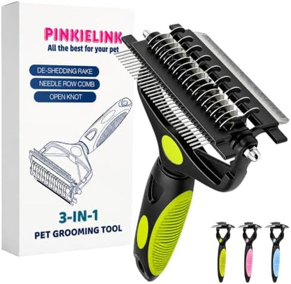 3-IN-1 Pet Grooming Tool - Undercoat Rake, Dematting Comb & Deshedding Brush for Cats, Dogs, Horses - Removes Mats, Tangles & Loose Fur, Reduces Shedding & Prevents Hair Mess (Green) by PINKIELINK