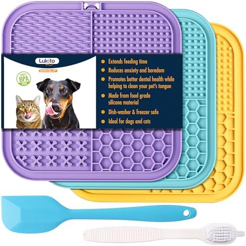 Lick Mat for Dogs and Cats, Licking Mat with Suction Cups for Dog Anxiety Relief, Cat Peanut Butter Lick Pad for Boredom Reducer, Enrichment Toy, Treat Mat for Bathing Grooming (Large-3 Pack) by LUKITO