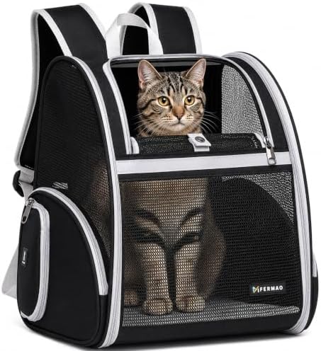 Cat Backpack Carrier for Small Dogs and Medium cat Puppy Kitten Bunny Pet Carrier Backpack Collapsible with Fully Ventilated Mesh with Safety Leash (Black, 12.9" L x 10.62" W x 15.5" H - M) by FERMAO