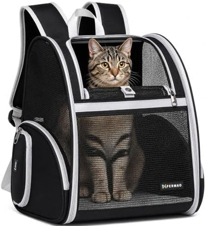Cat Backpack Carrier for Small Dogs and Medium cat Puppy Kitten Bunny Pet Carrier Backpack Collapsible with Fully Ventilated Mesh with Safety Leash (Black, 12.9" L x 10.62" W x 15.5" H - M) by FERMAO