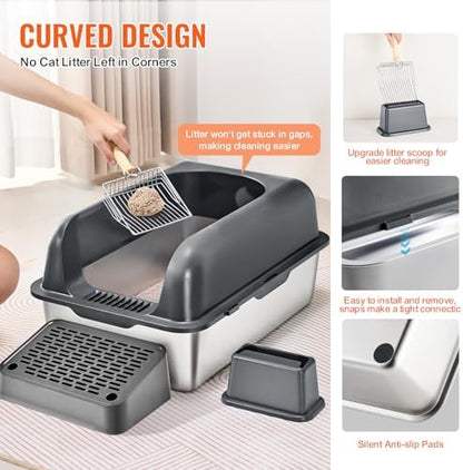 VEVOR Stainless Steel Cat Litter Box with Lid, XL Extra Large Enclosed Cat Box for Big Cats, High Sides Metal Litter Box, Anti Leakage,Odor-Free & Easy Cleaning,Include Scoop & Foot Board - Image 3