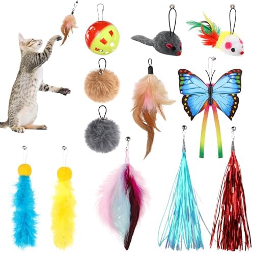 QUOZUO Cat Toys Replacement Cat Toy Wand Refills, 12 Pcs Cat Feathers Refill, Cat Toy Mouse Cat Wand Refill Attachments for Indoor Cats by QUOZUO