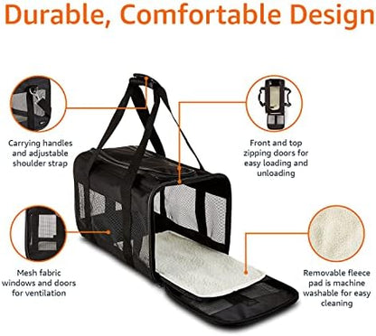 Amazon Basics Airline Approved Soft-Sided Mesh Pet Travel Carrier with Shoulder Strap, Portable, Washable Removable Fleece Pad for Dog, Cat, up to 16 pounds, 16.5" L x 10.6" W x 11" H, Black - Image 4