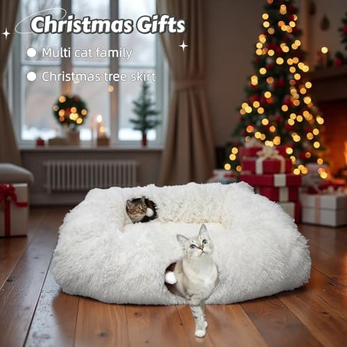 XxingSheep 4 Cave Shuttled XL Cat Tunnel Bed for Indoor Cats Peekaboo Toy Donut with Warm Mat, White - Image 2