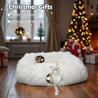 XxingSheep 4 Cave Shuttled XL Cat Tunnel Bed for Indoor Cats Peekaboo Toy Donut with Warm Mat, White - Image 2
