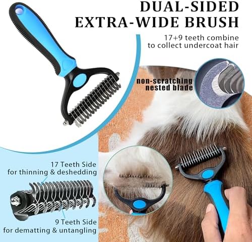 7PCS Dog Grooming Brush Kit for Shedding and Matted Fur, Self-Cleaning Slicker Brush with Undercoat Rake, Flea Comb for Long-Haired Pets, Blue - Image 4