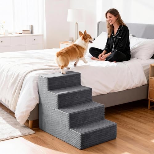 Pet Stairs for Small Dog, 4 Steps for Bed, Couch, Chair, Sofa with Side Pocket, Transformable Dog Ramp with Non-Slip Function, Dark Grey - Image 7